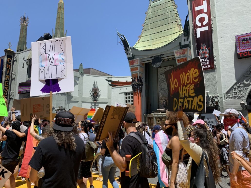 A group of protestors gather to march through the streets of Los Angeles, California